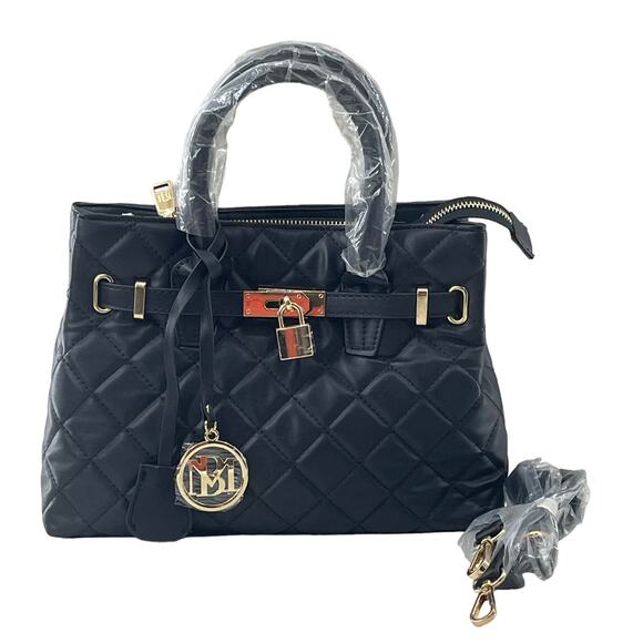 Badgley Mischka Black Quilted Tote Bag Small Vegan Leather Front Lock Crossbody - Picture 2 of 8